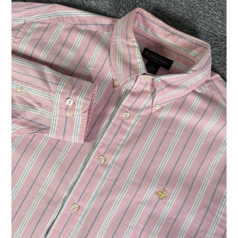 VTG Brooks Brothers Shirt Men's L Pink Blue Stripe Supima Cotton Oxford OCBD Y2K